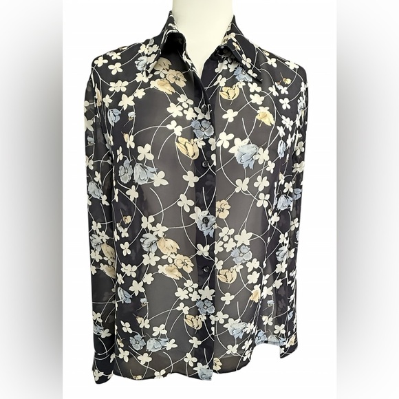 Ann Taylor LOFT 100% Silk Blouse Size 14 Navy Floral Semi Sheer Button Front Top - Picture 1 of 9